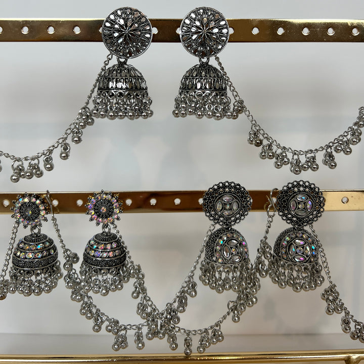 Oxidised Jhumka with Beaded Drape Chain