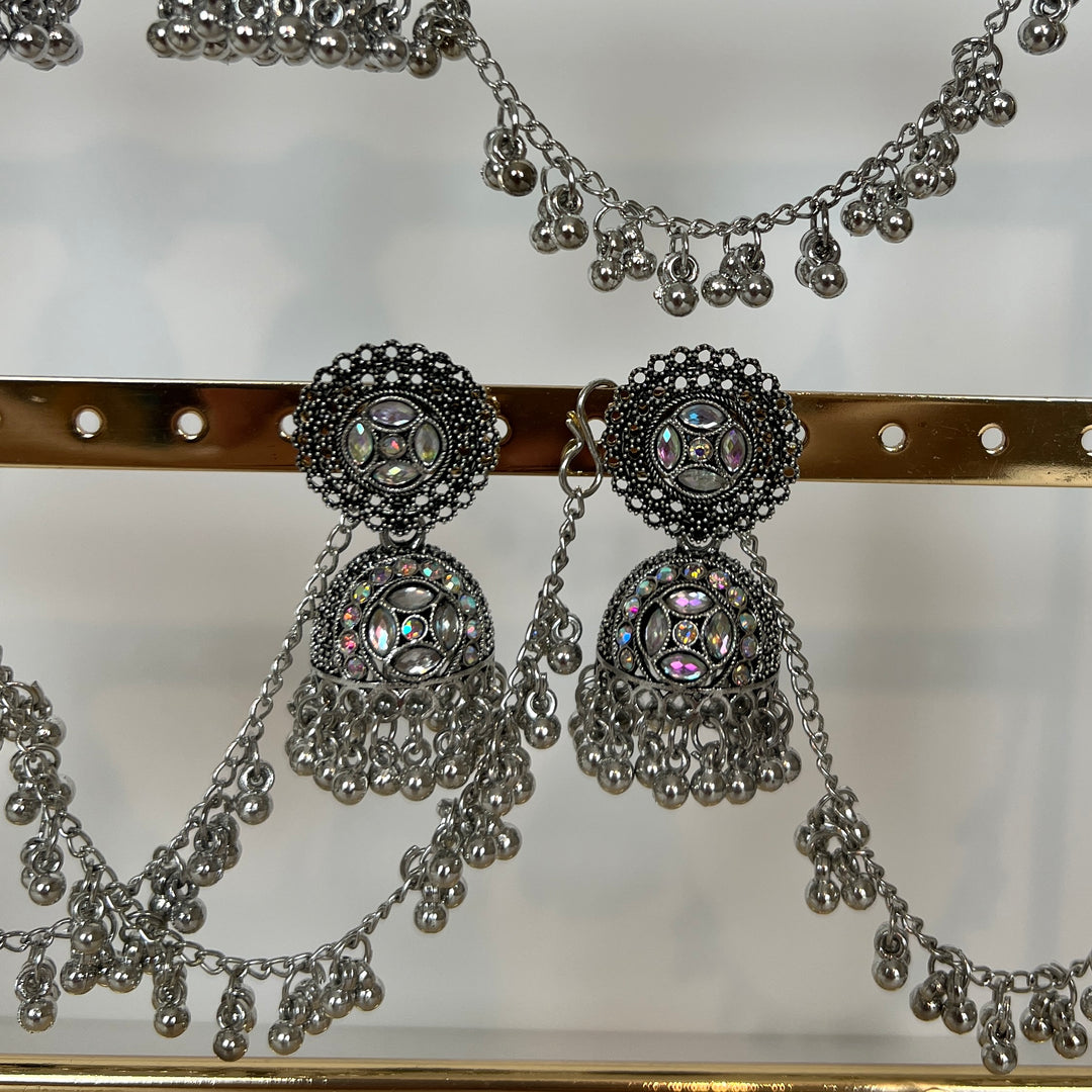 Oxidised Jhumka with Beaded Drape Chain