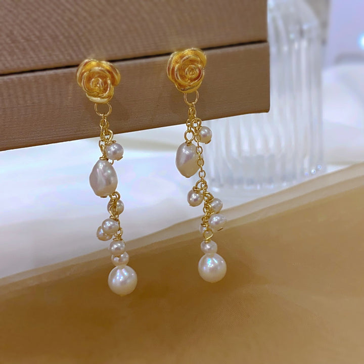 Rose Flower Freshwater Pearl Long Tassel Earrings