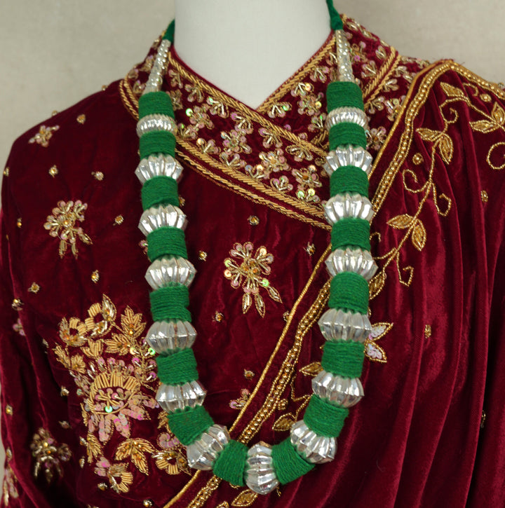 Green Kantha Mala Silver Plated