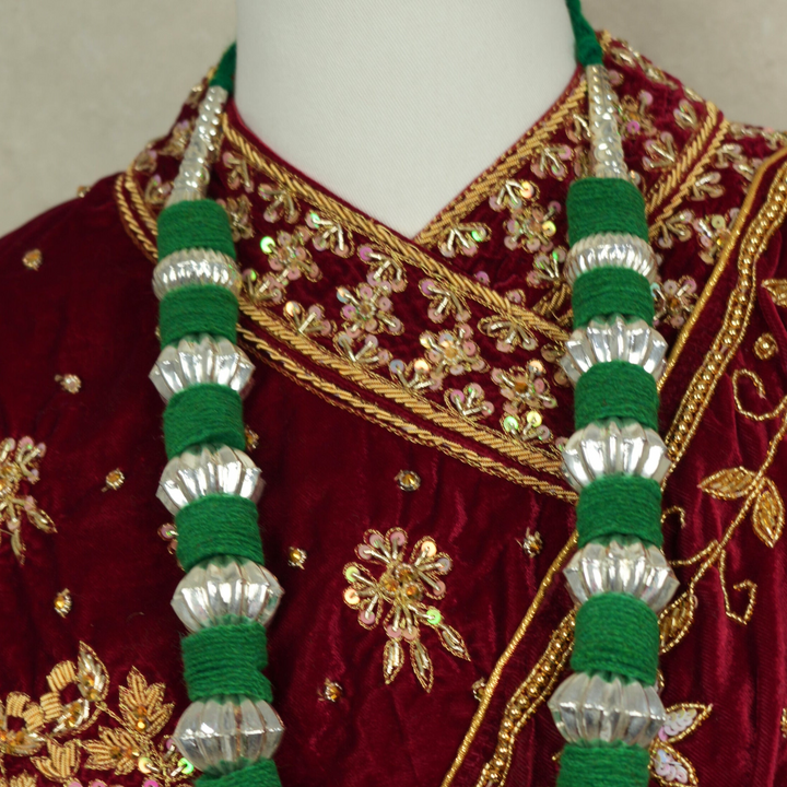 Green Kantha Mala Silver Plated