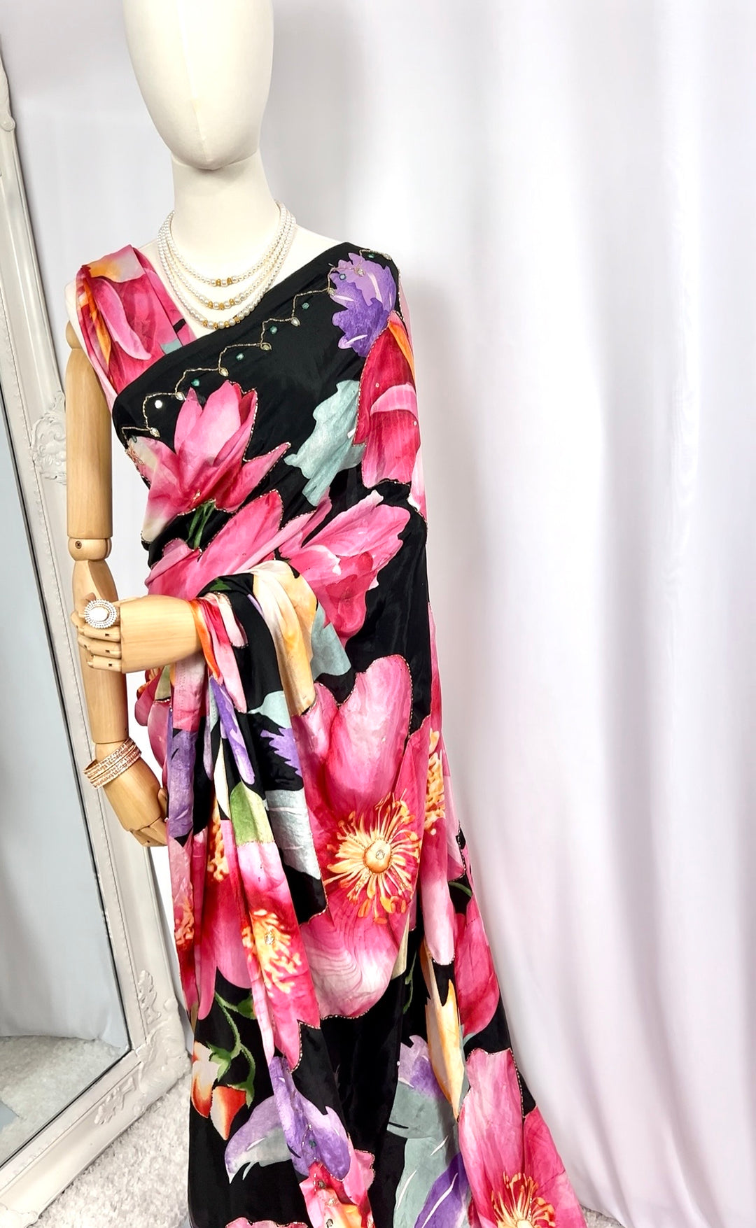 Black Floral Chiffon Saree with Silver Embroidery