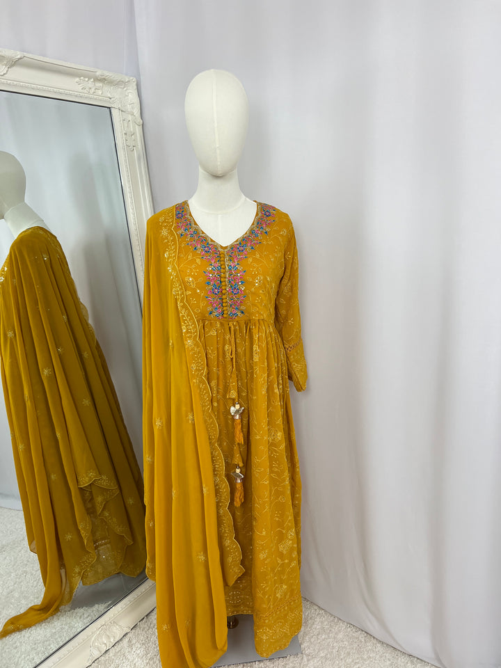 Mustard Embroidered Kurtha Set