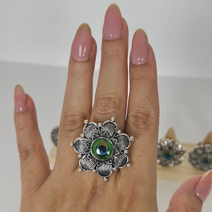 Oxidised Peacock Feather Adjustable Ring