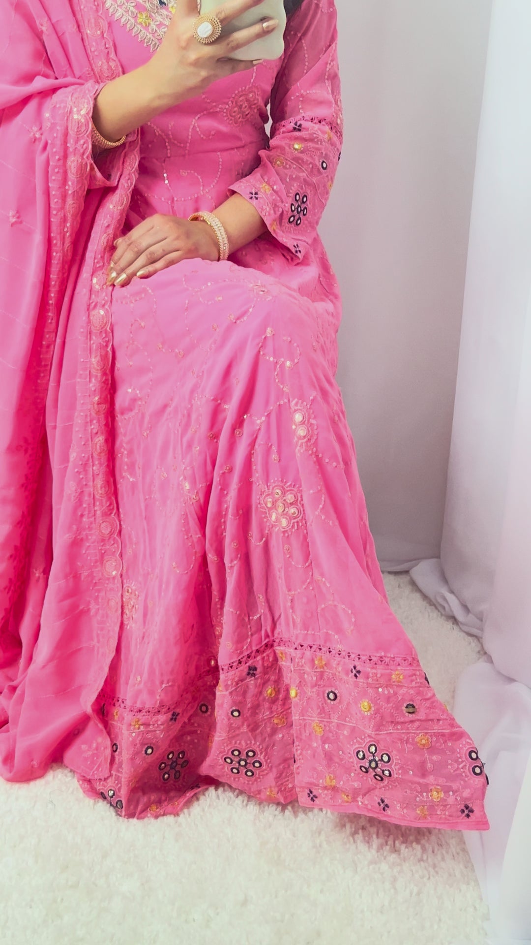 Rose Pink Embroidered Chiffon Umbrella Kurta Set