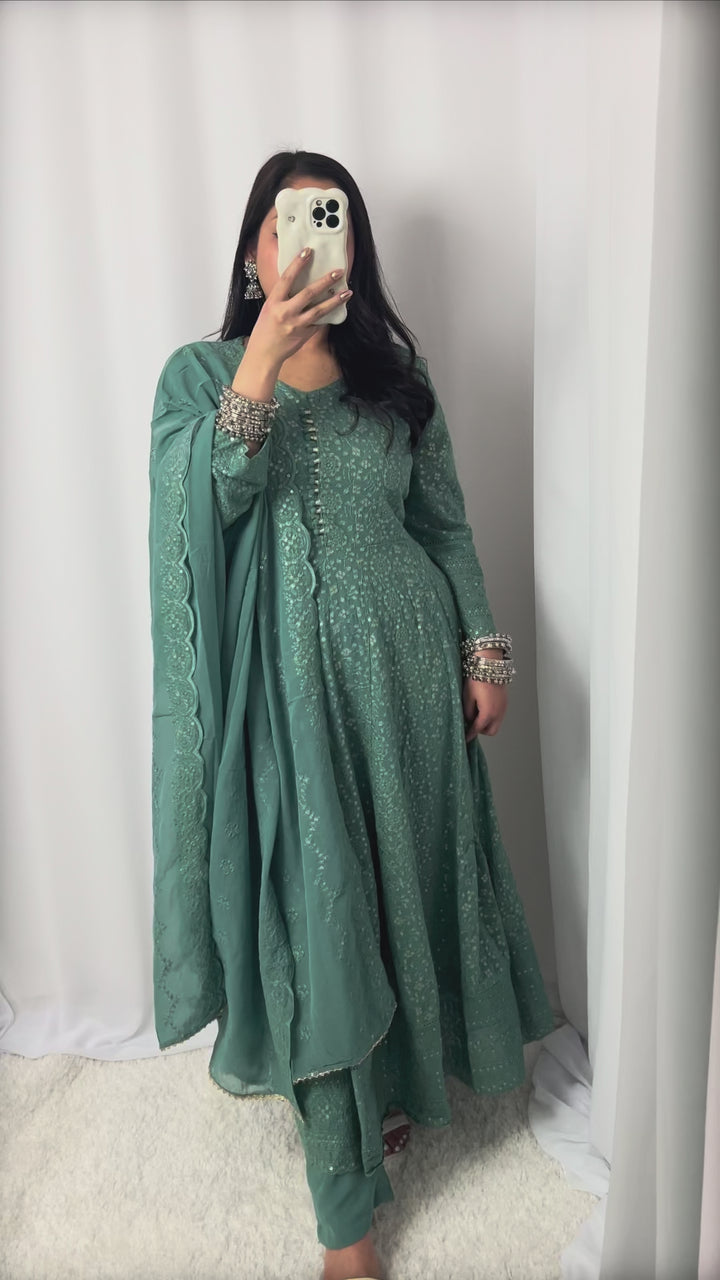 Teal Green Embroidered Chiffon Umbrella Kurta Set