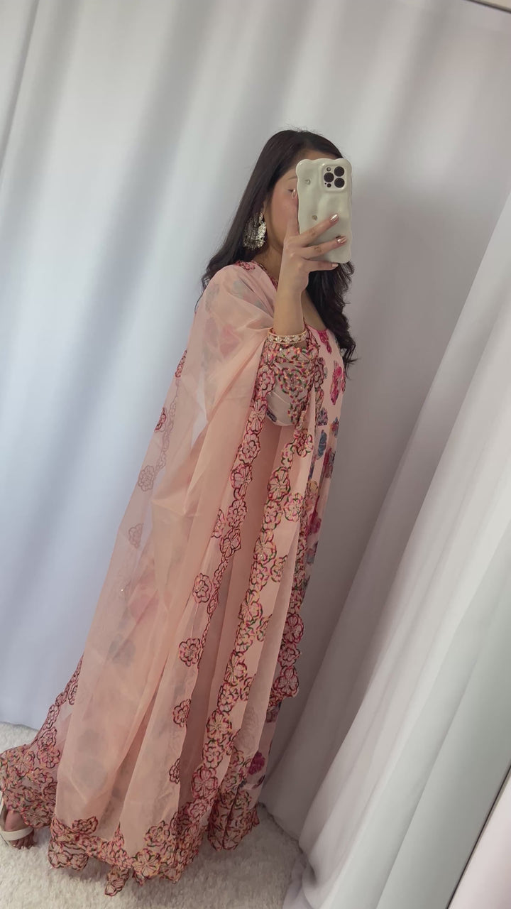 Peach Floral Chiffon Umbrella Kurta Set