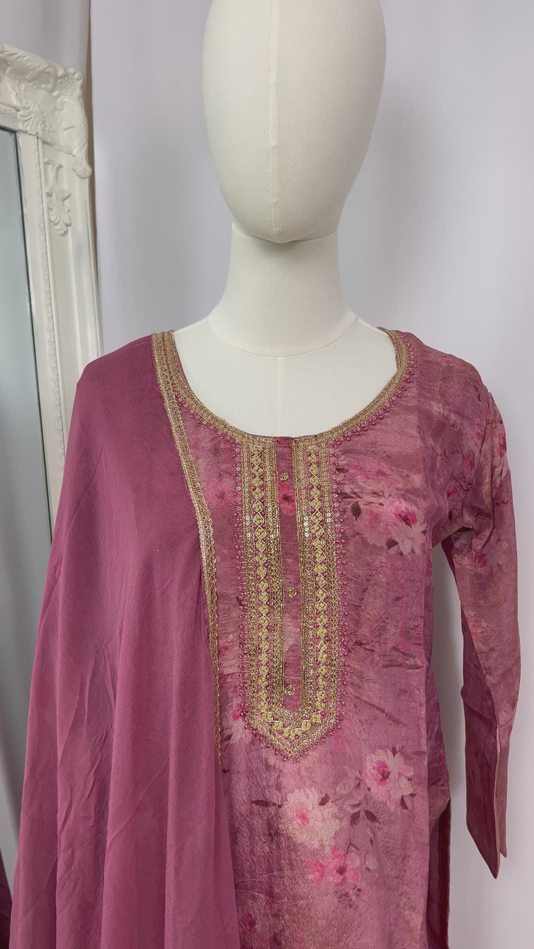 Rose Floral Straight Kurta Set with Chiffon Dupatta