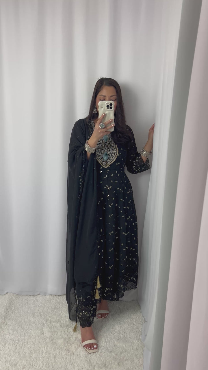 Black Embellished Chiffon Kurta Set