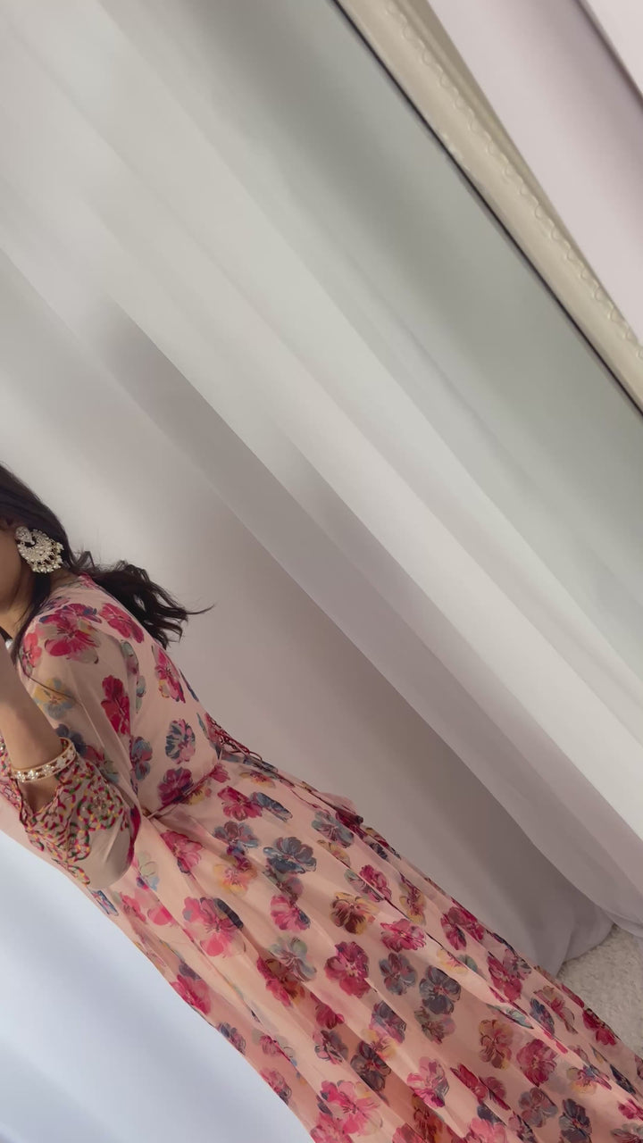 Peach Floral Chiffon Umbrella Kurta Set