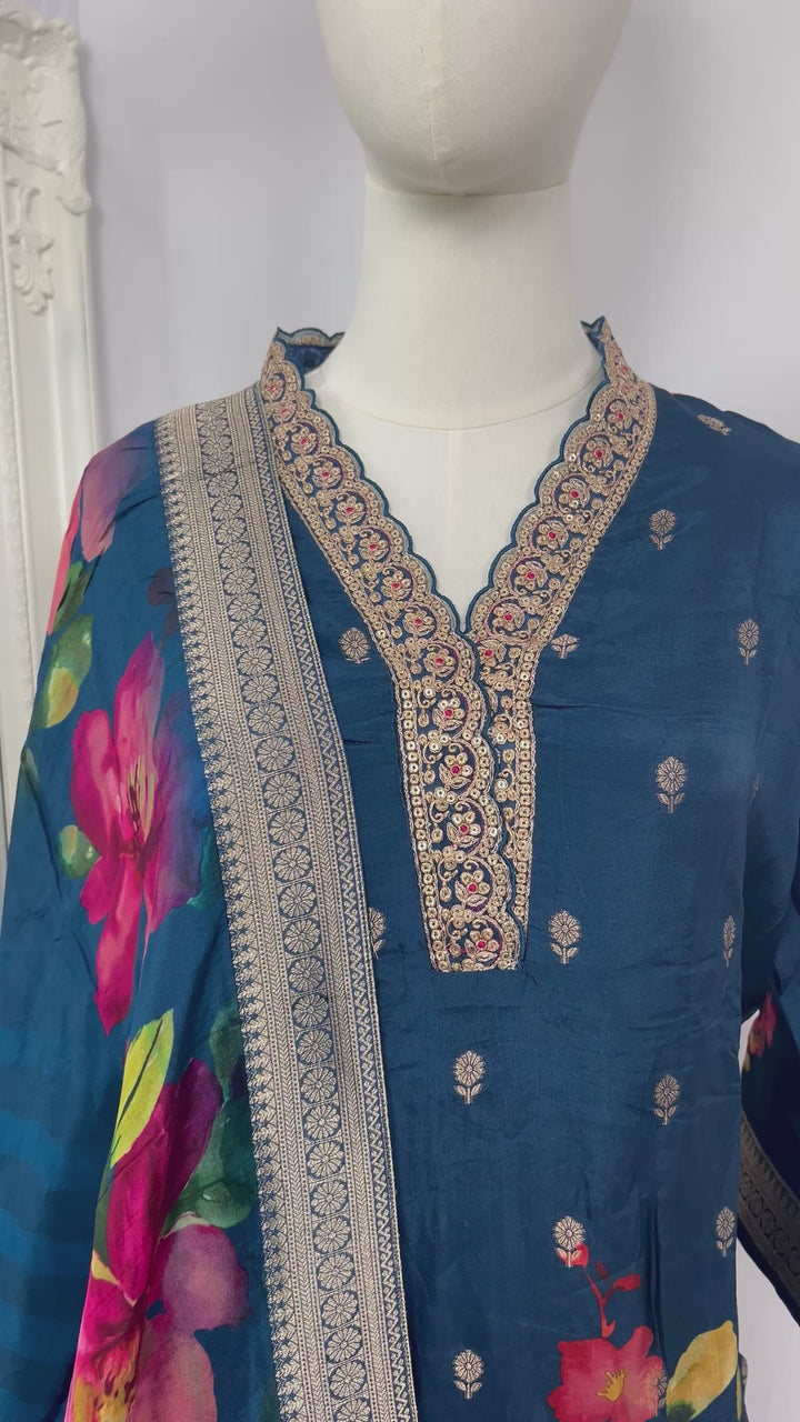 Navy Blue Floral Kurta Set with Dupatta