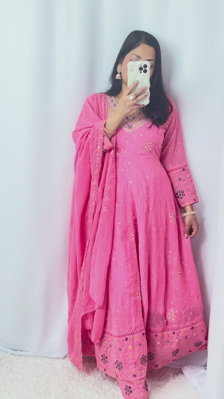Rose Pink Embroidered Chiffon Umbrella Kurta Set