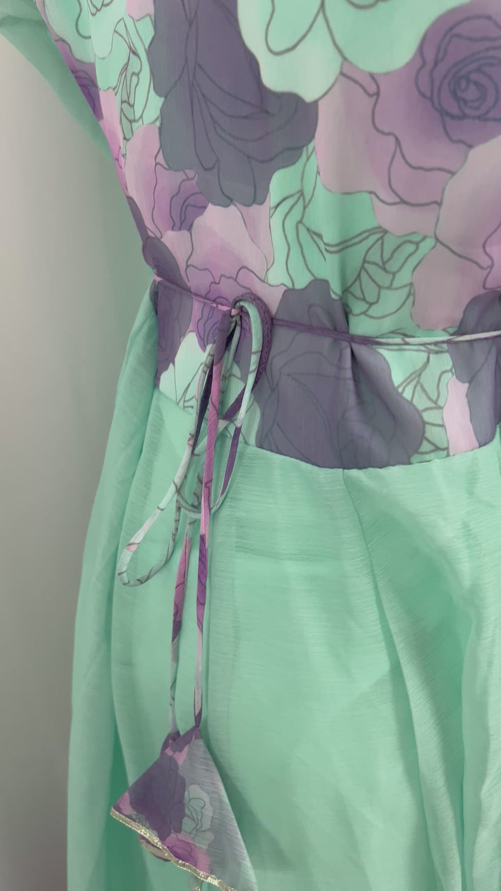 Mint &amp; Lavender Floral Chiffon Umbrella Kurta Set
