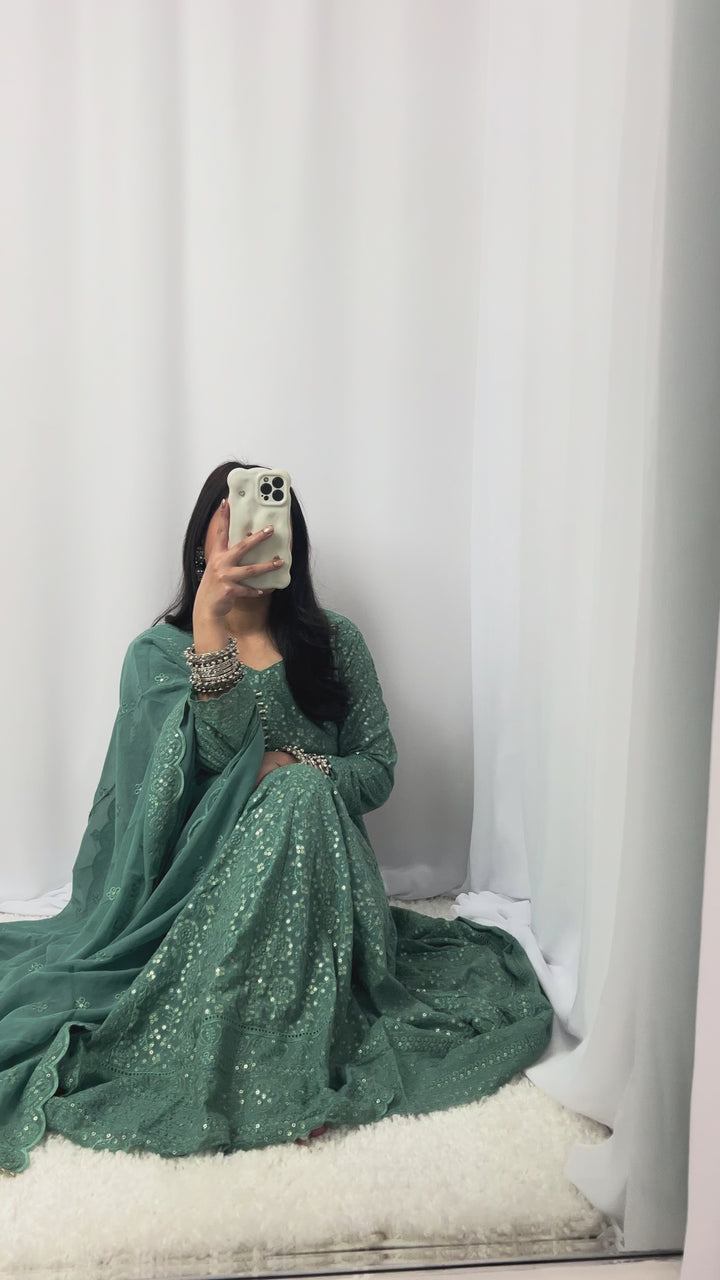 Teal Green Embroidered Chiffon Umbrella Kurta Set