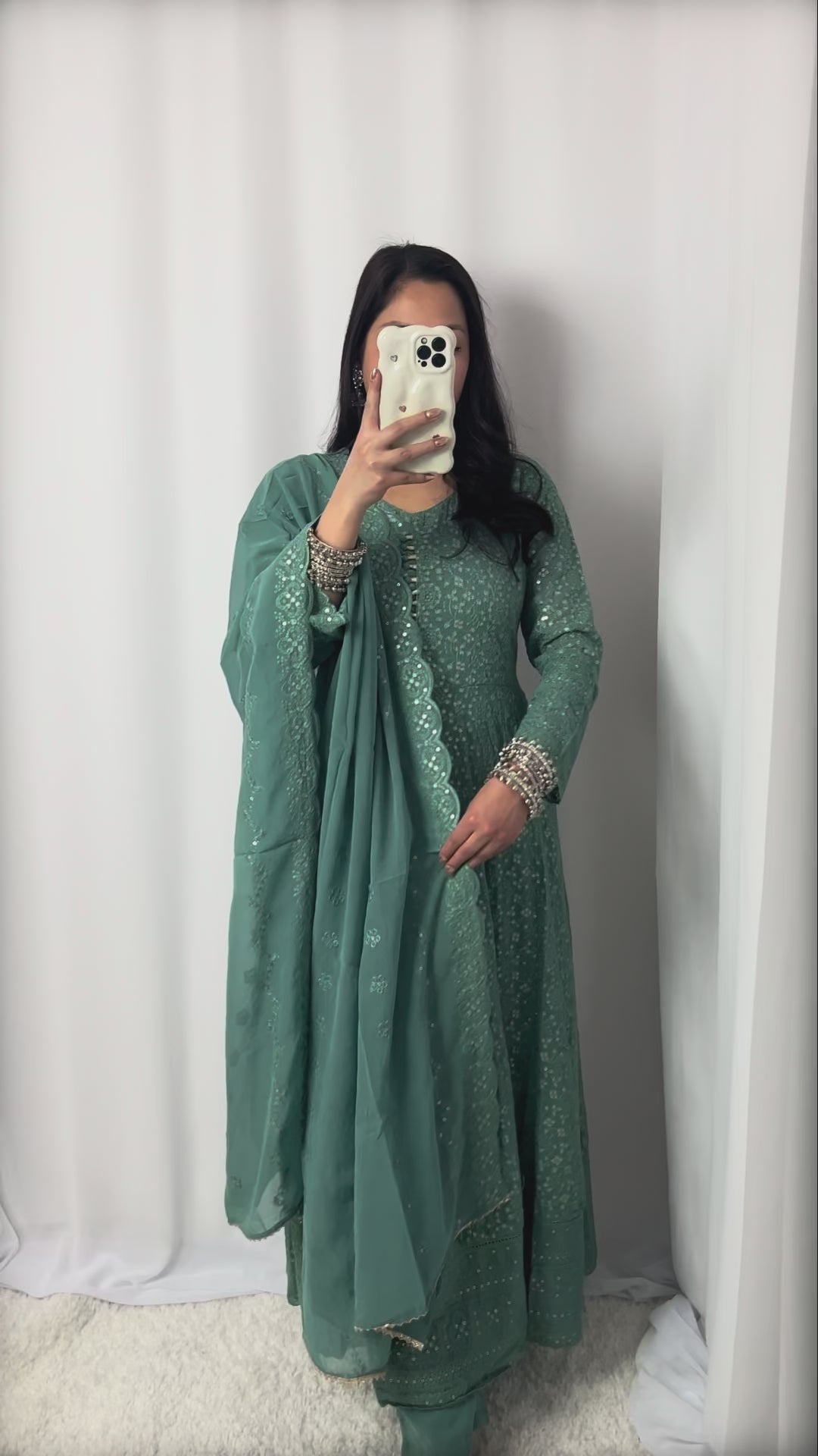 Teal Green Embroidered Chiffon Umbrella Kurta Set